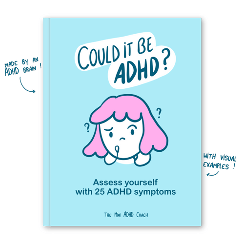 ADHD Self-Assessment Workbook, made by an ADHD Brain with Visual Examples for 25 ADHD symptoms.