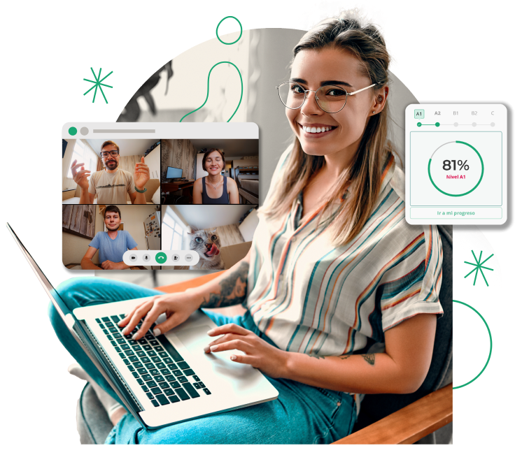 Alumna de Poliglota conectada a su clase de inglés online con laptop
