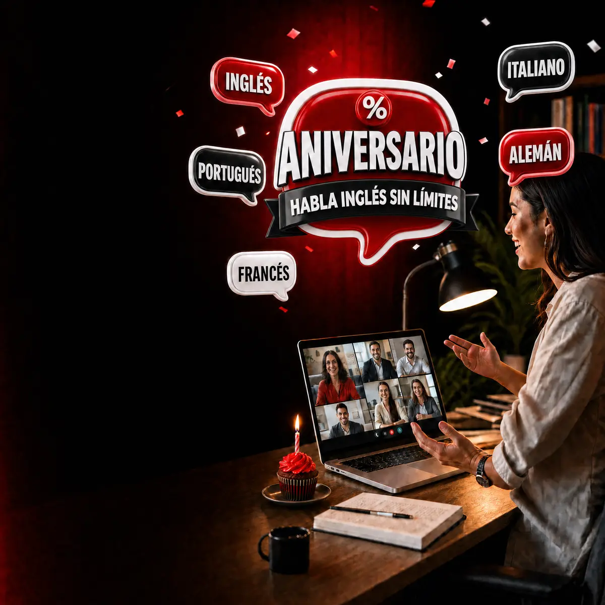 Mujer en videollamada grupal celebrando el aniversario de Poliglota, con burbujas de Inglés, Francés, Portugués, Alemán e Italiano