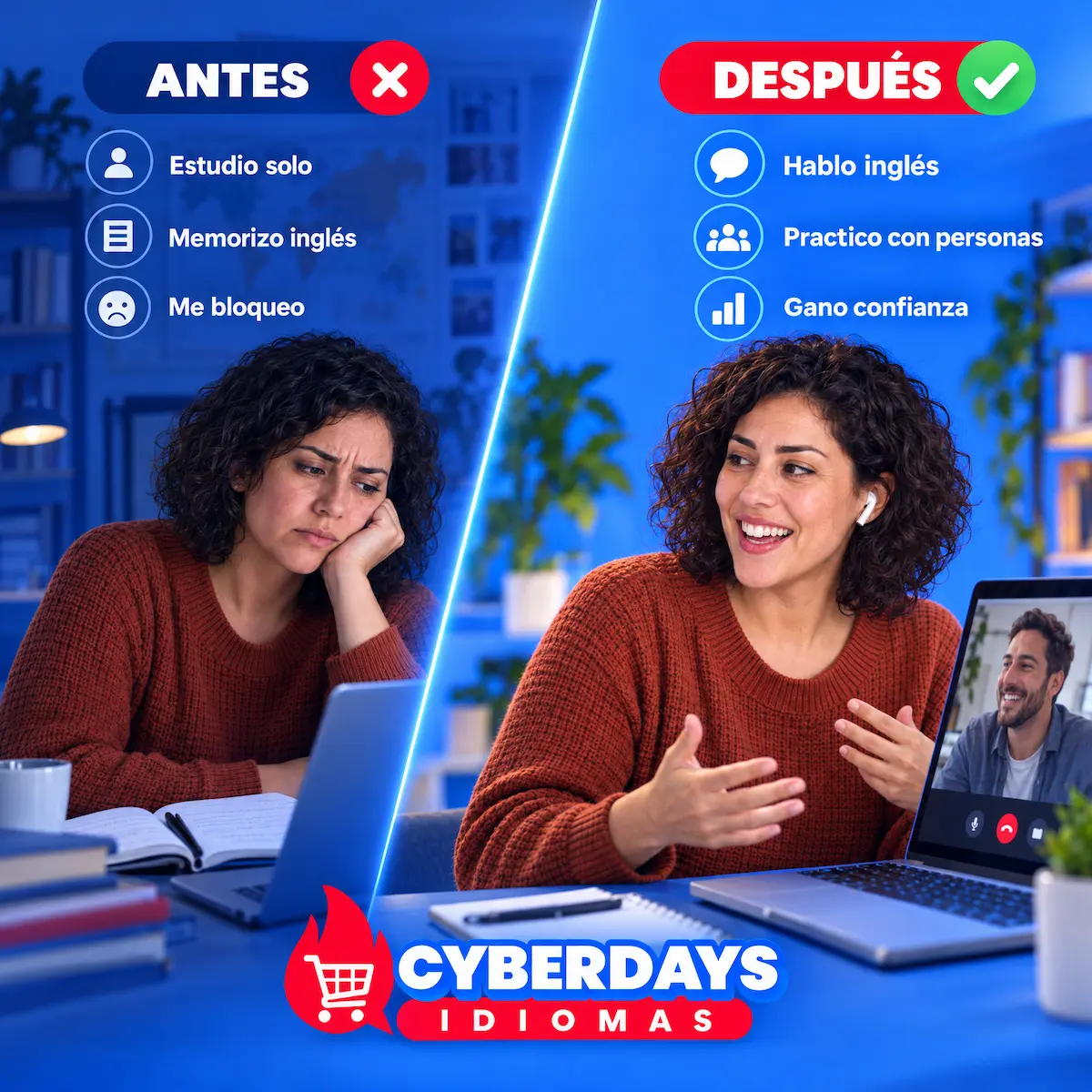 Antes y despu&eacute;s de aprender ingl&eacute;s con Poliglota: una estudiante bloqueada estudiando sola y luego hablando ingl&eacute;s con confianza en una clase online en vivo