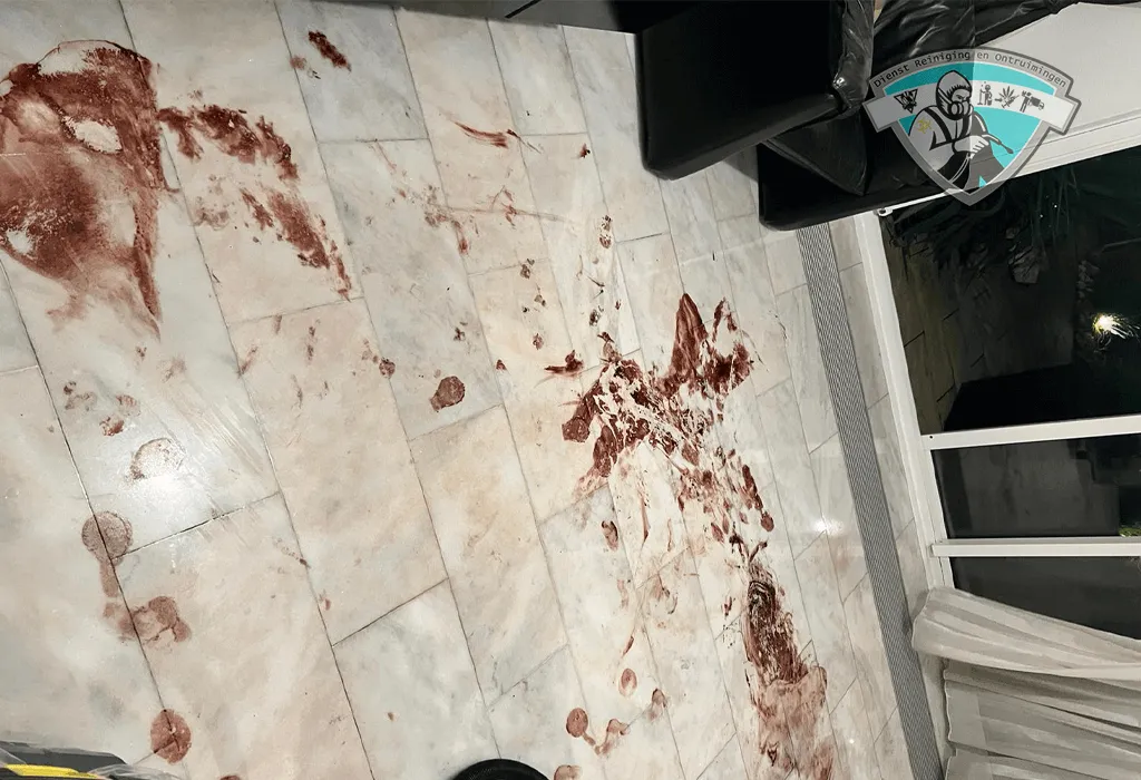 Biohazard reiniging bloed op de grond na zware maagbloeding