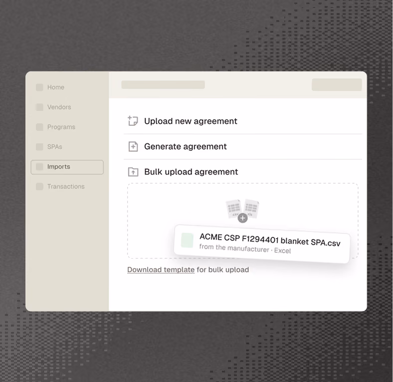 Band agreement import interface with upload, generate and bulk upload options.