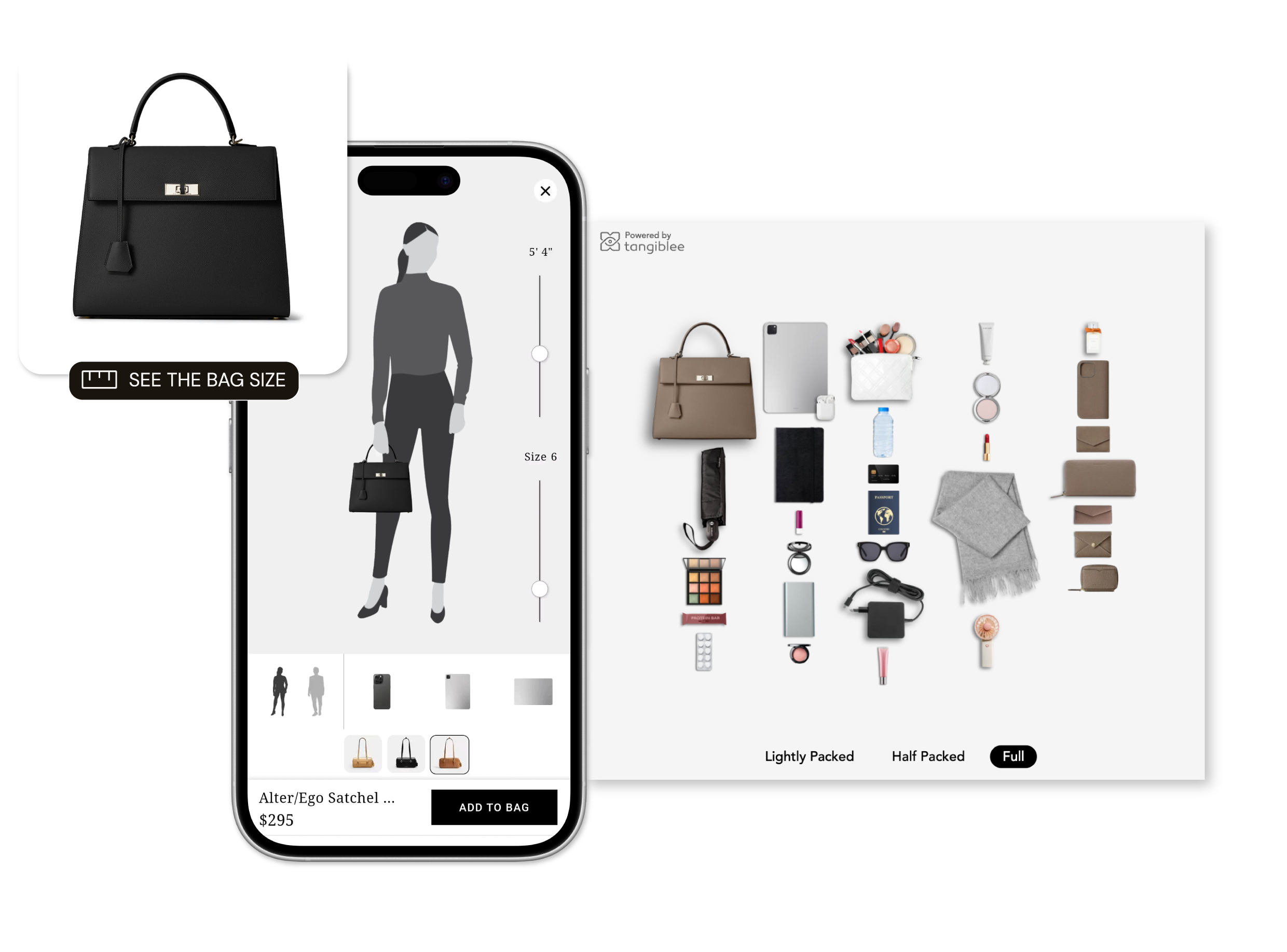Showing the enhanced shopping experience for handbags provided by Tangiblee