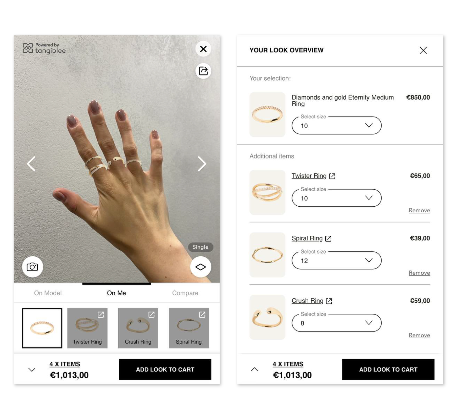Person virtually trying-on rings and adding them to their cart.