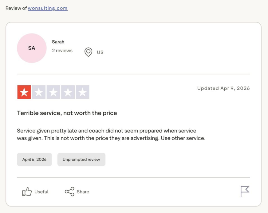 Trustpilot 1-star review by Sarah titled Terrible service, not worth the price