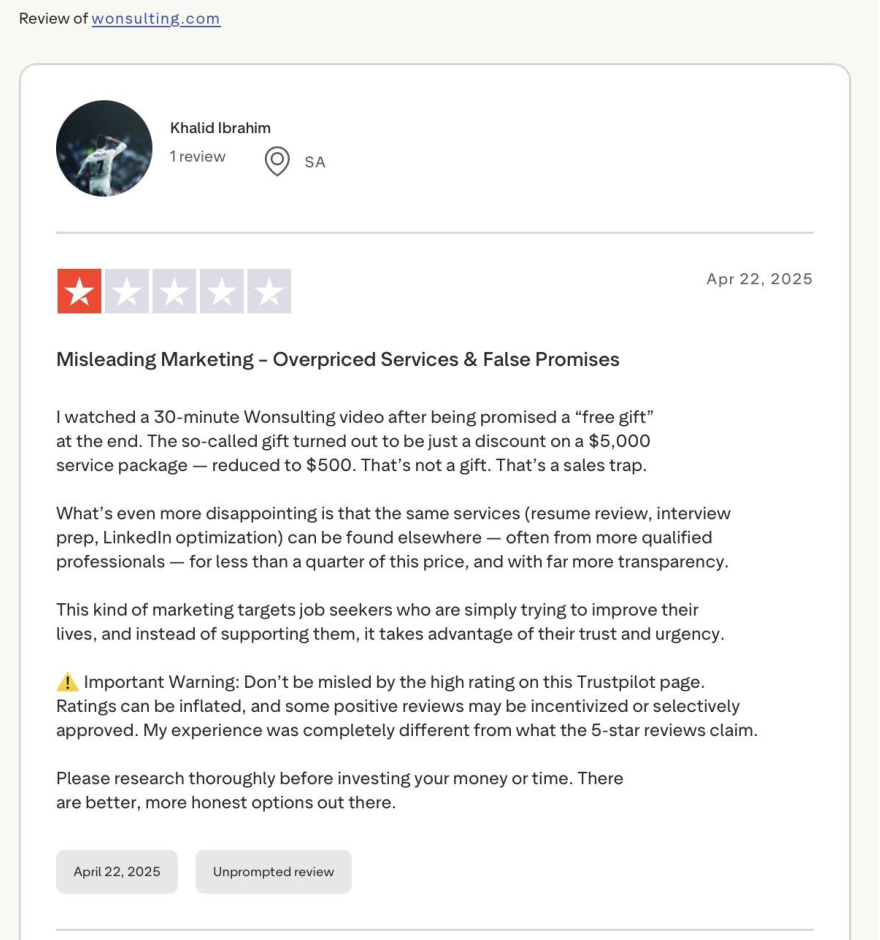 Trustpilot 1-star review by Khalid Ibrahim titled Misleading Marketing