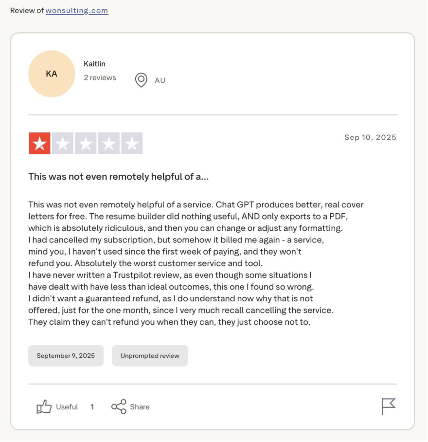 Trustpilot 1-star review by Kaitlin about service not being helpful