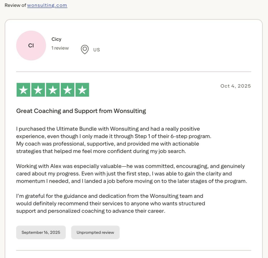 Trustpilot 5-star review by Cicy titled Great Coaching and Support from Wonsulting
