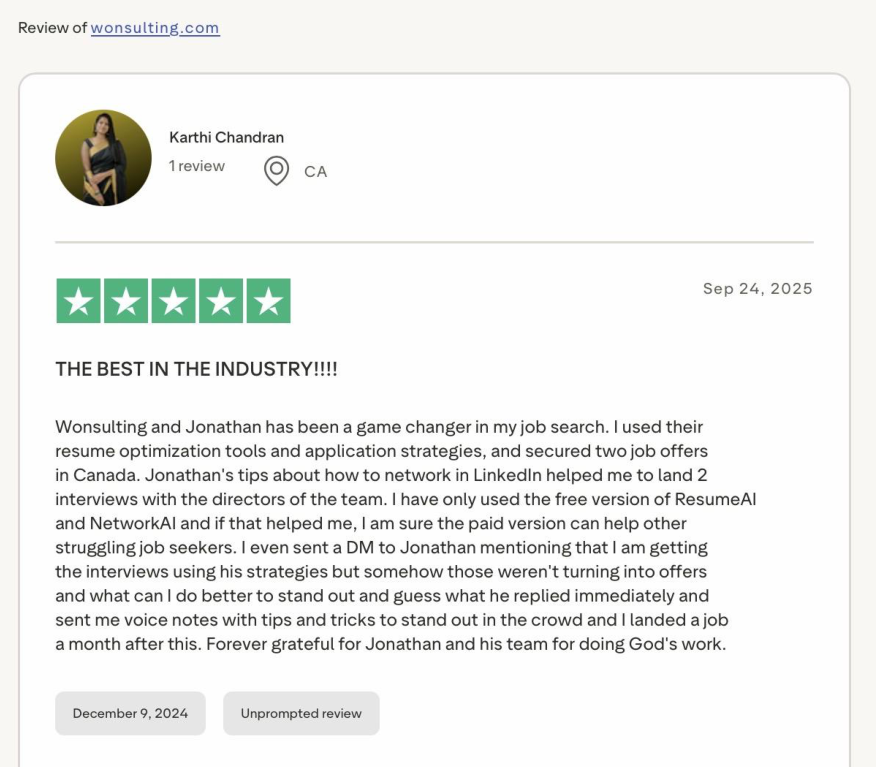 Trustpilot 5-star review by Karthi Chandran titled THE BEST IN THE INDUSTRY about working with Jonathan