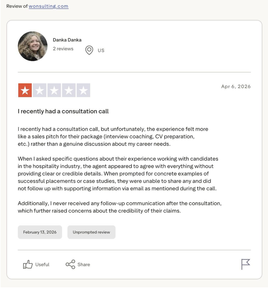 Trustpilot 1-star review by Danka Danka describing consultation call as a sales pitch