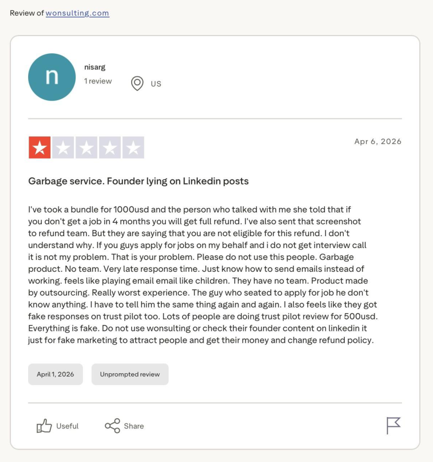 Trustpilot 1-star review by nisarg about refund eligibility dispute