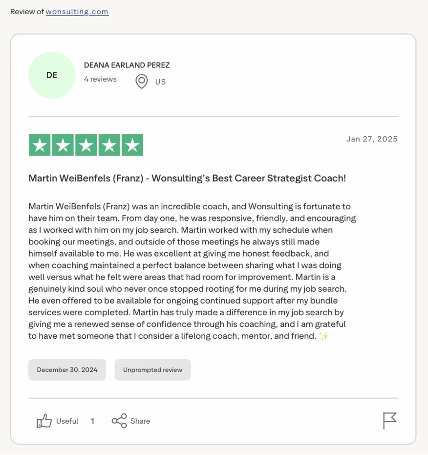 Trustpilot 5-star review by Deana Earland Perez praising Martin WeiBenfels as best career strategist coach