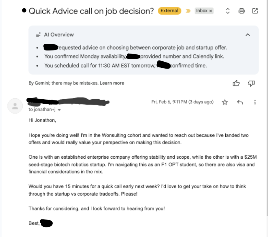 Gmail screenshot of cohort client Nitin asking Jonathan for advice on choosing between corporate job and startup offer