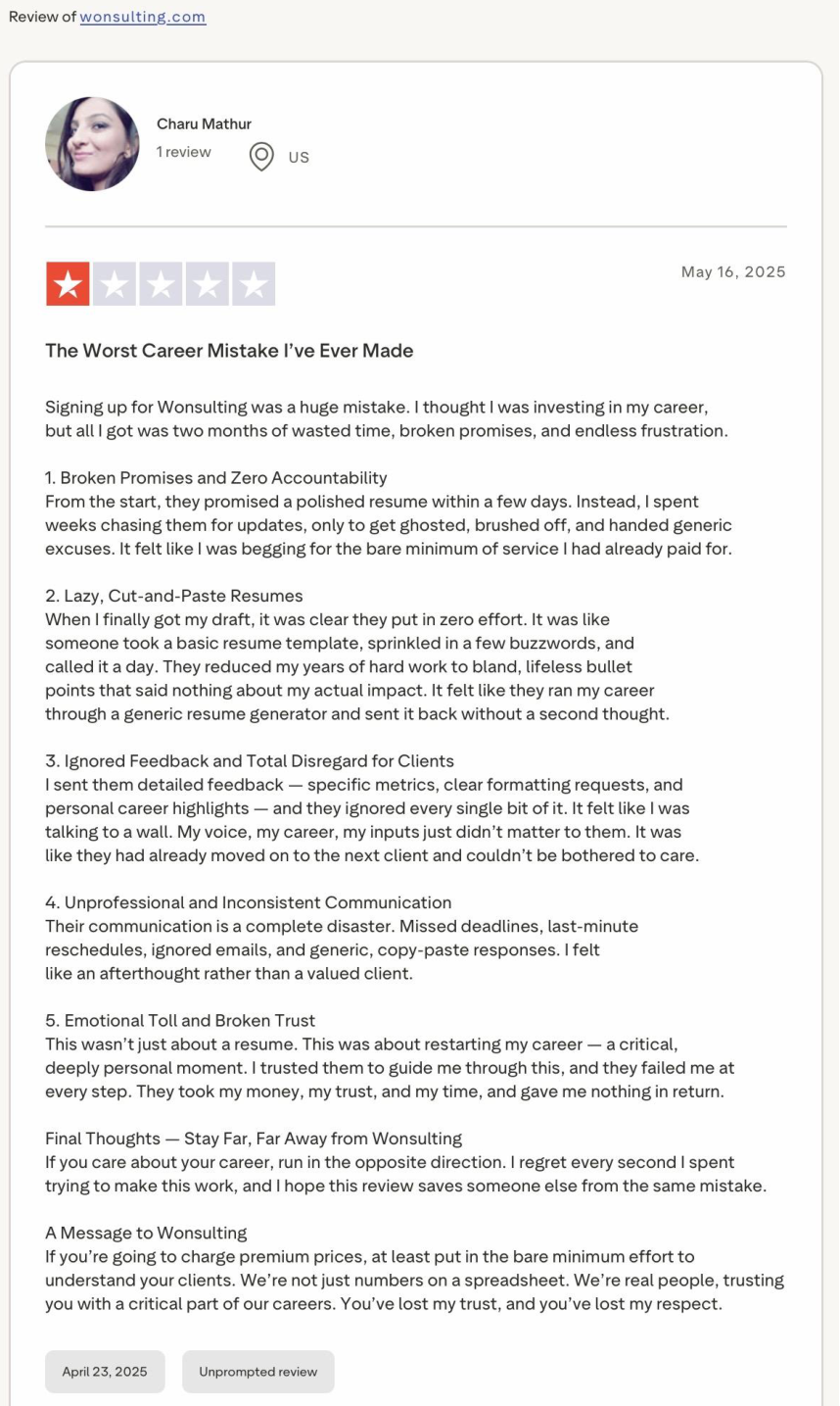 Trustpilot 1-star review by Charu Mathur titled The Worst Career Mistake I've Ever Made