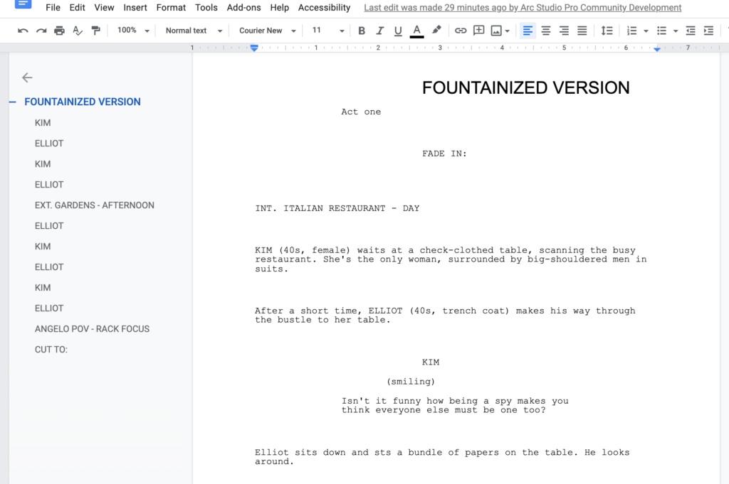 A screenshot of a Google Doc formated in the style of a screenplay