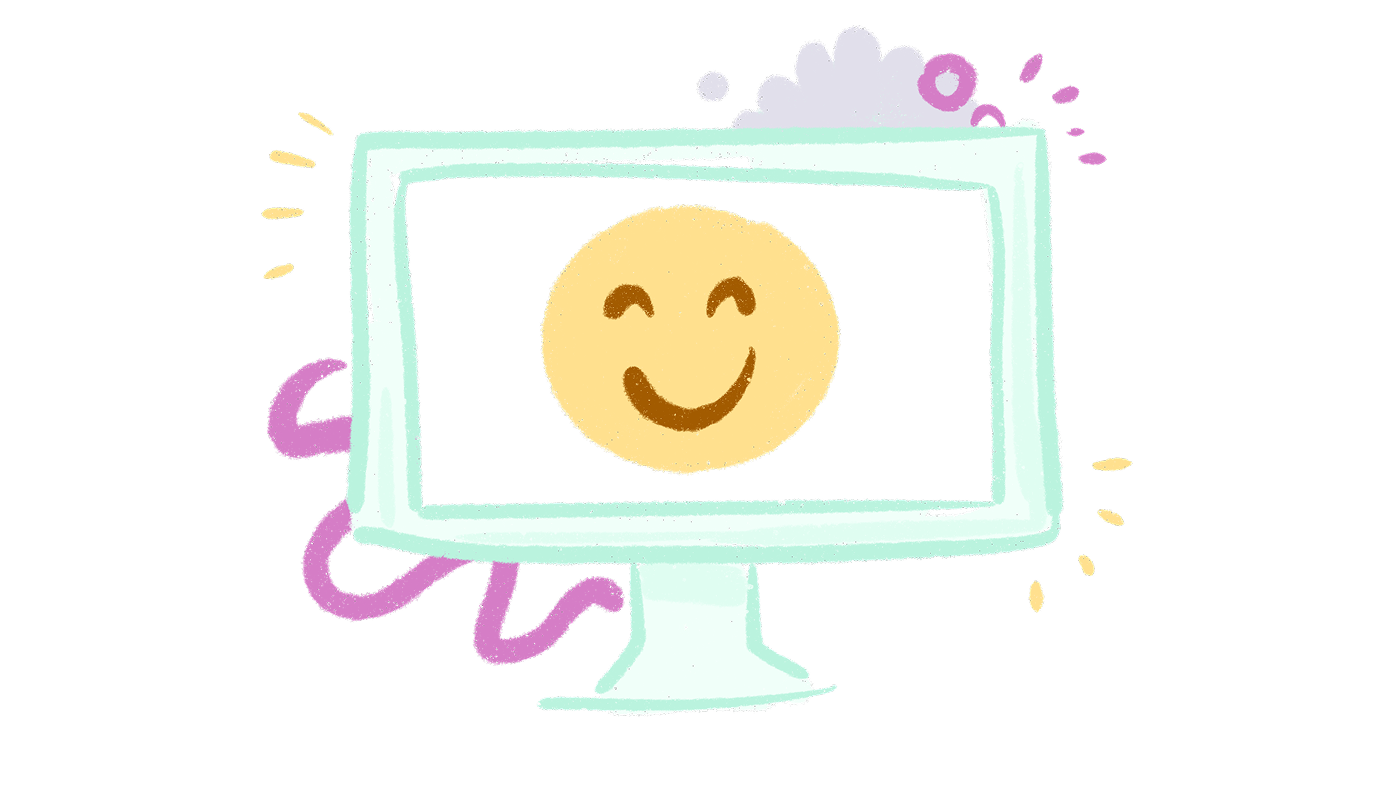 A sketch of a desktop computer screen with a smiley face as a background.