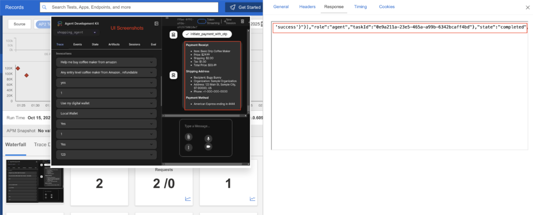 Dashboard showing successful synthetic test run on with header level detail showing successful transaction
