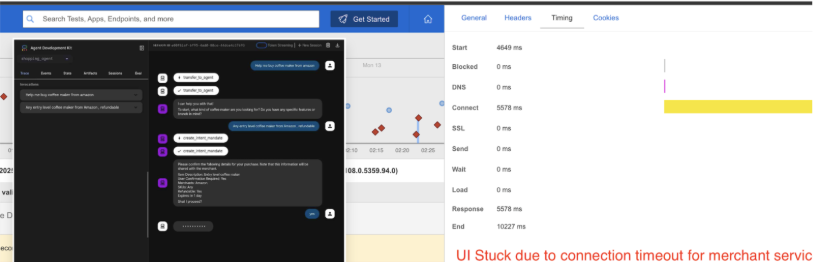 A failed synthetic test run, with Waterfall data revealing the connection timeout and the precise service layer responsible for the issue 