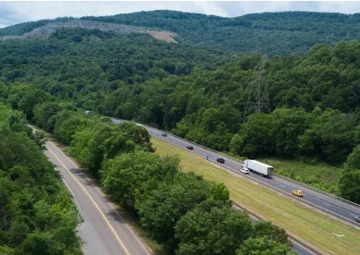 drone view of road and mountains