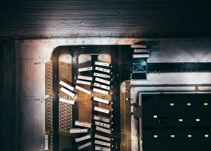 aerial view of truck lot at night