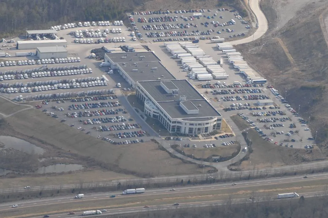 Bird's eye view of the Covenant Logistics headquarters and semi trucks
