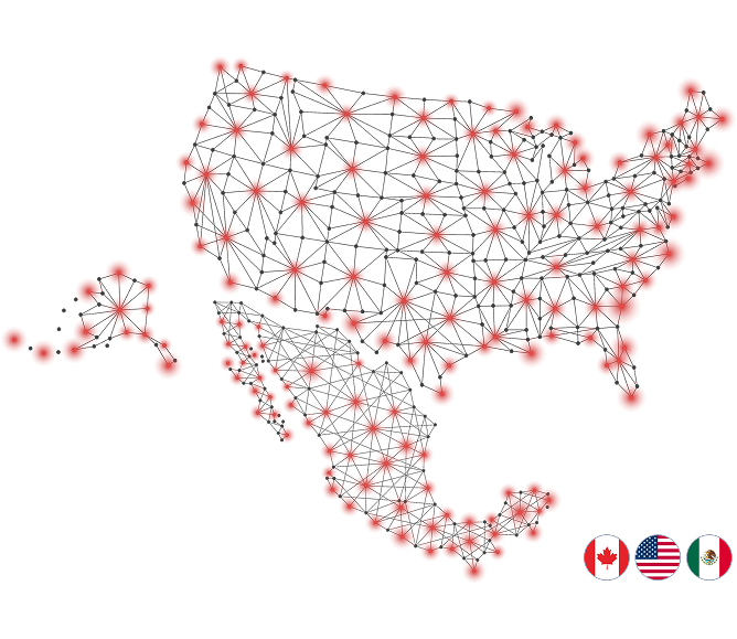 Sims Transport service area map across the United States, Canada, and Mexico
