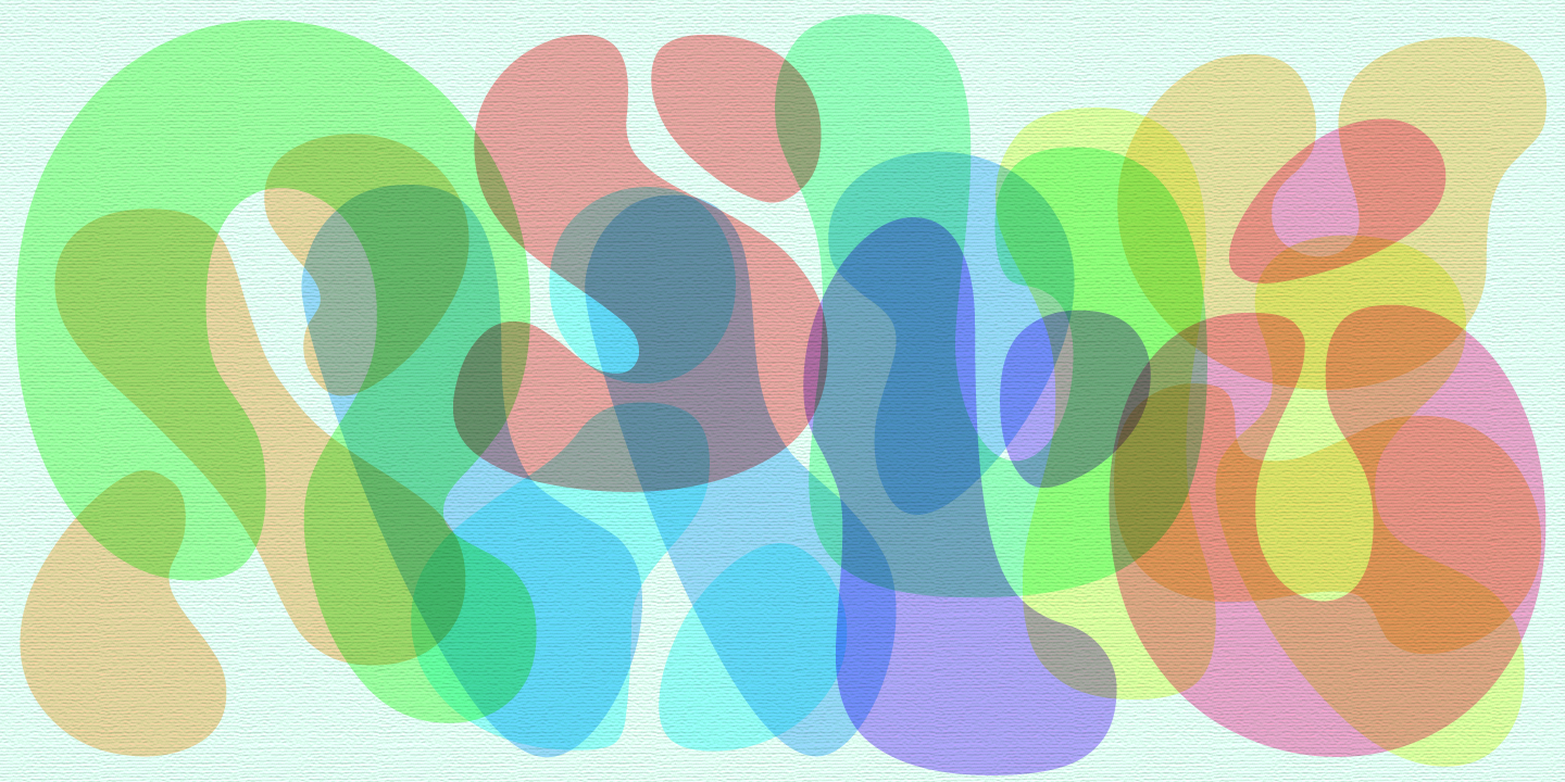 A design featuring overlapping multicolored letters from the Fillmore typeface