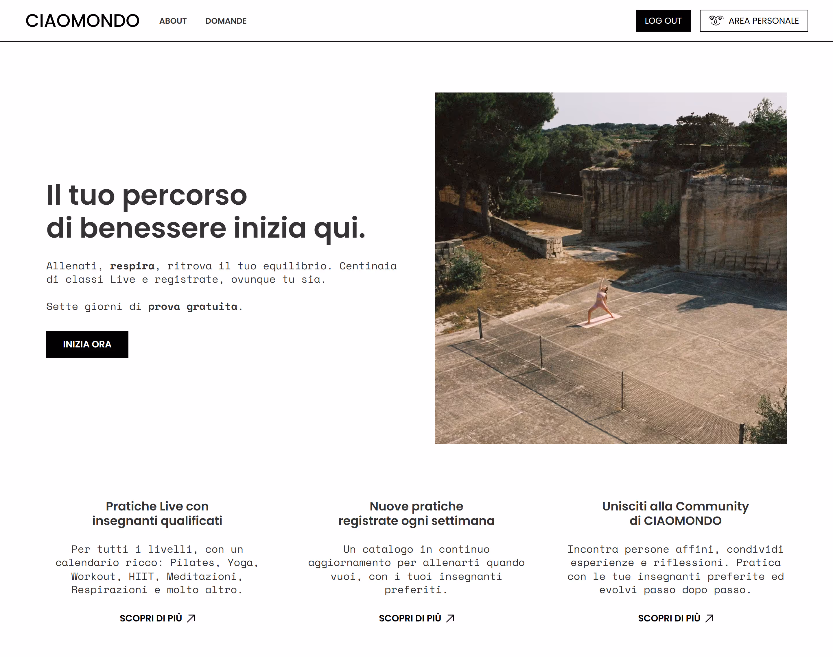 Capture d’écran de la page d’accueil CIAOMONDO avec titre, description et bouton d’appel à l’action