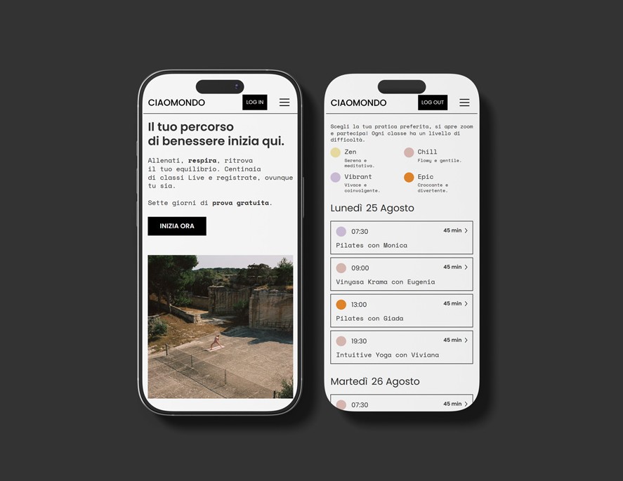 Mockup mobile CIAOMONDO affichant l’inscription et le calendrier des cours live