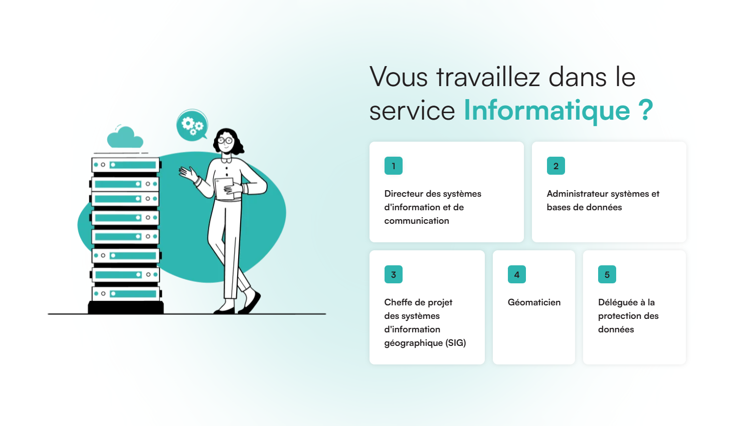 Illustration vectorielle d’une femme debout près de serveurs informatiques, utilisée dans une interface Solutions & Territoire pour représenter le service informatique et les métiers liés aux systèmes d’information.