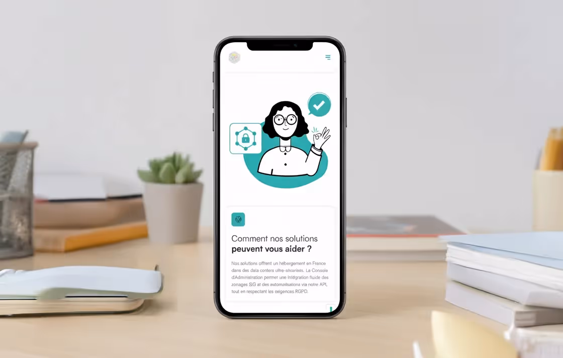 Illustration vectorielle d’un personnage féminin stylisé, utilisée sur mobile pour représenter la sécurité et la fiabilité des solutions numériques de Solutions & Territoire.