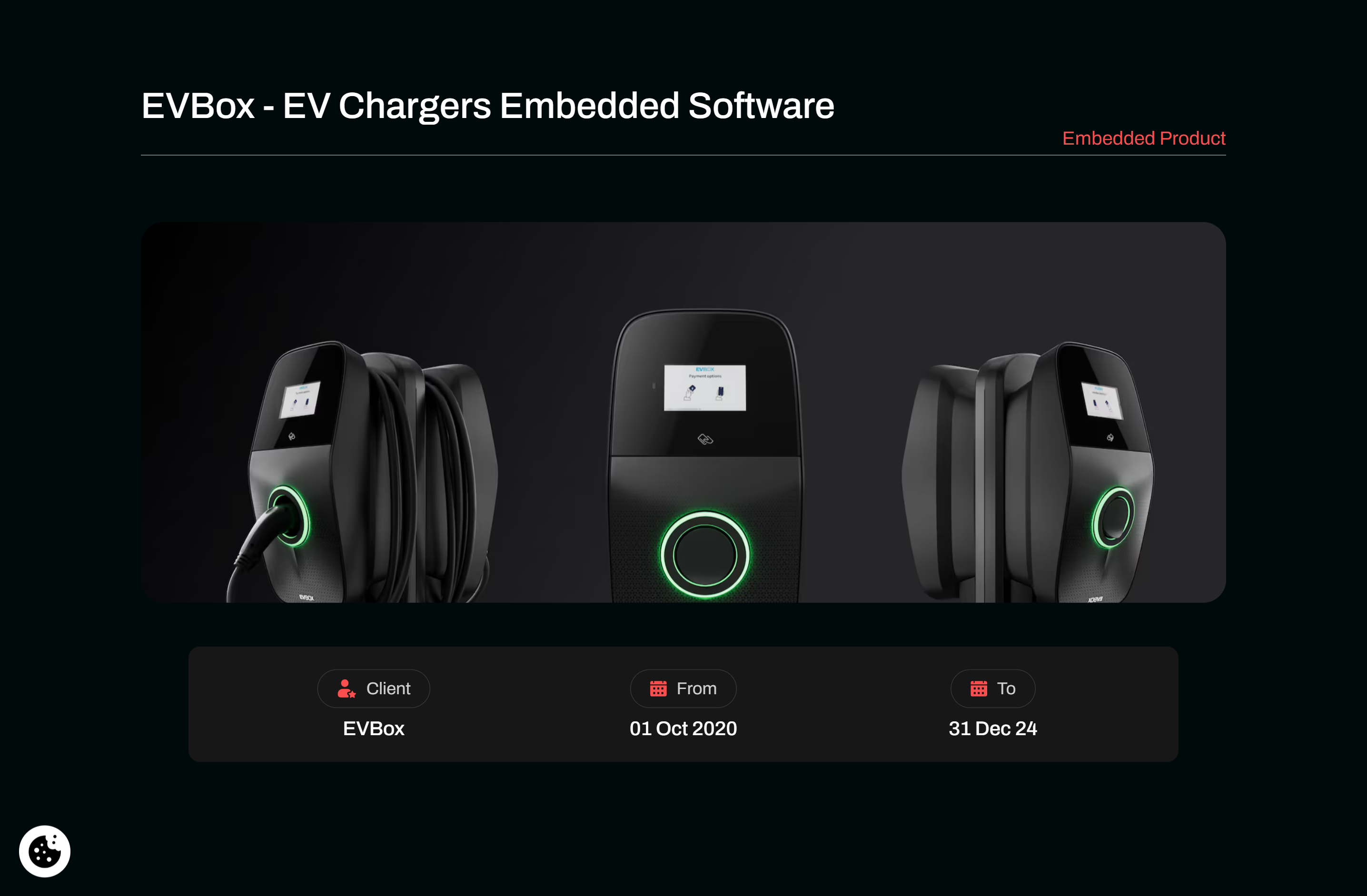 EVBox embedded software project for electric vehicle charging stations, showing three black EVBox chargers with green lighting
