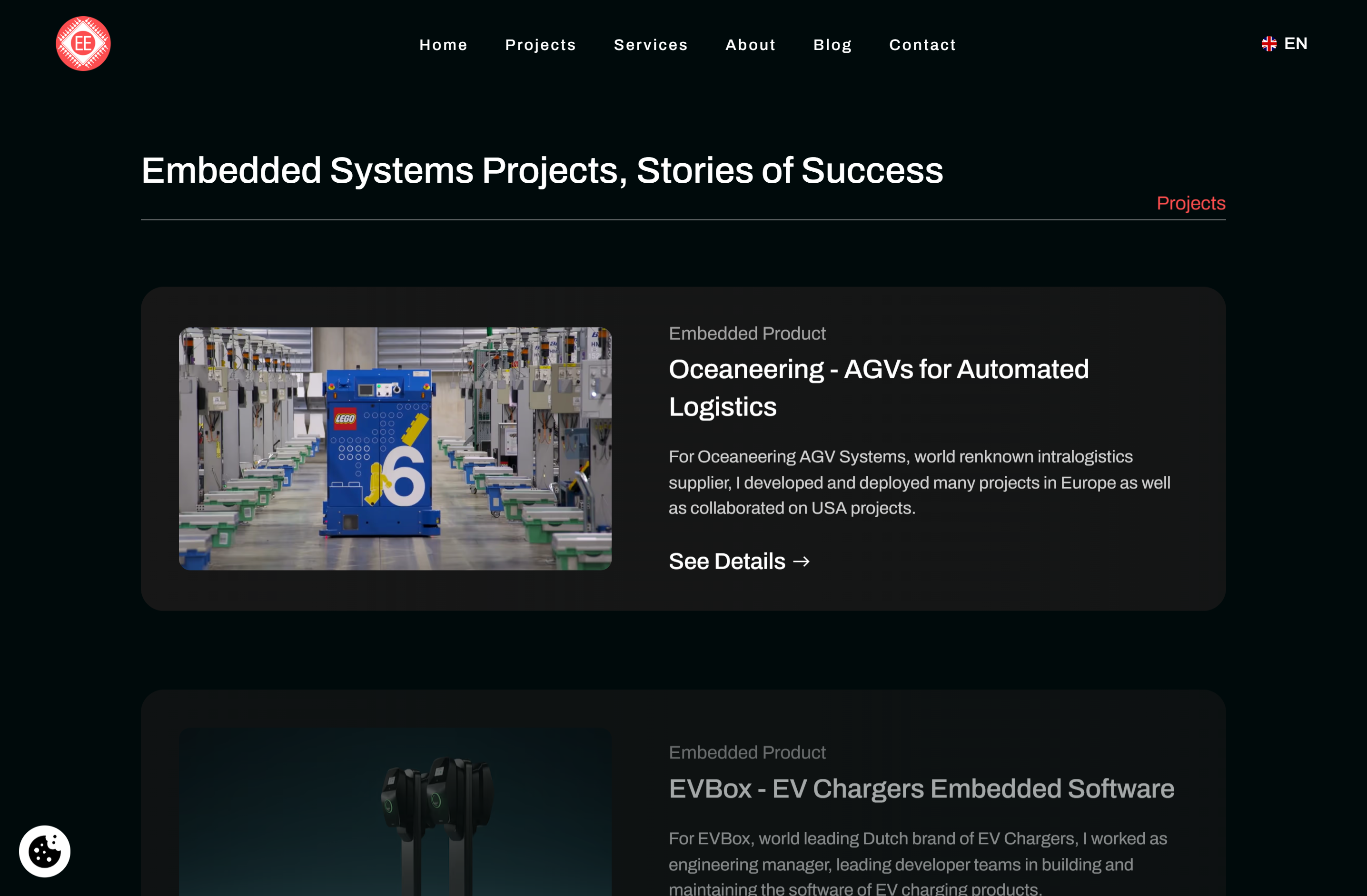 Claudio Carbone embedded systems project portfolio featuring Oceaneering AGV and EVBox EV Chargers