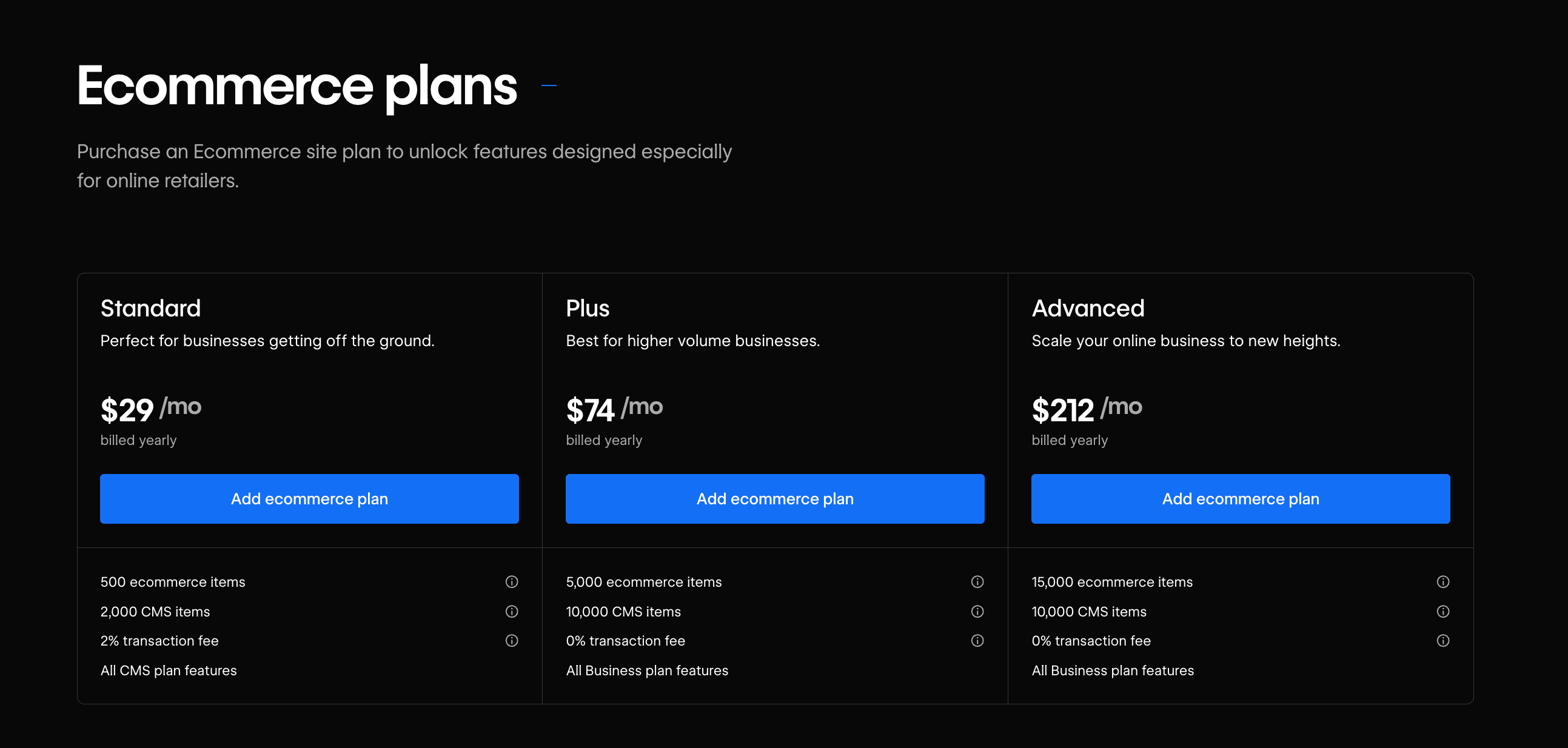 Capture d’écran des plans eCommerce Webflow 2025 présentant les formules Standard, Plus et Advanced, avec les prix annuels, le nombre d’articles eCommerce, les items CMS et les frais de transaction.