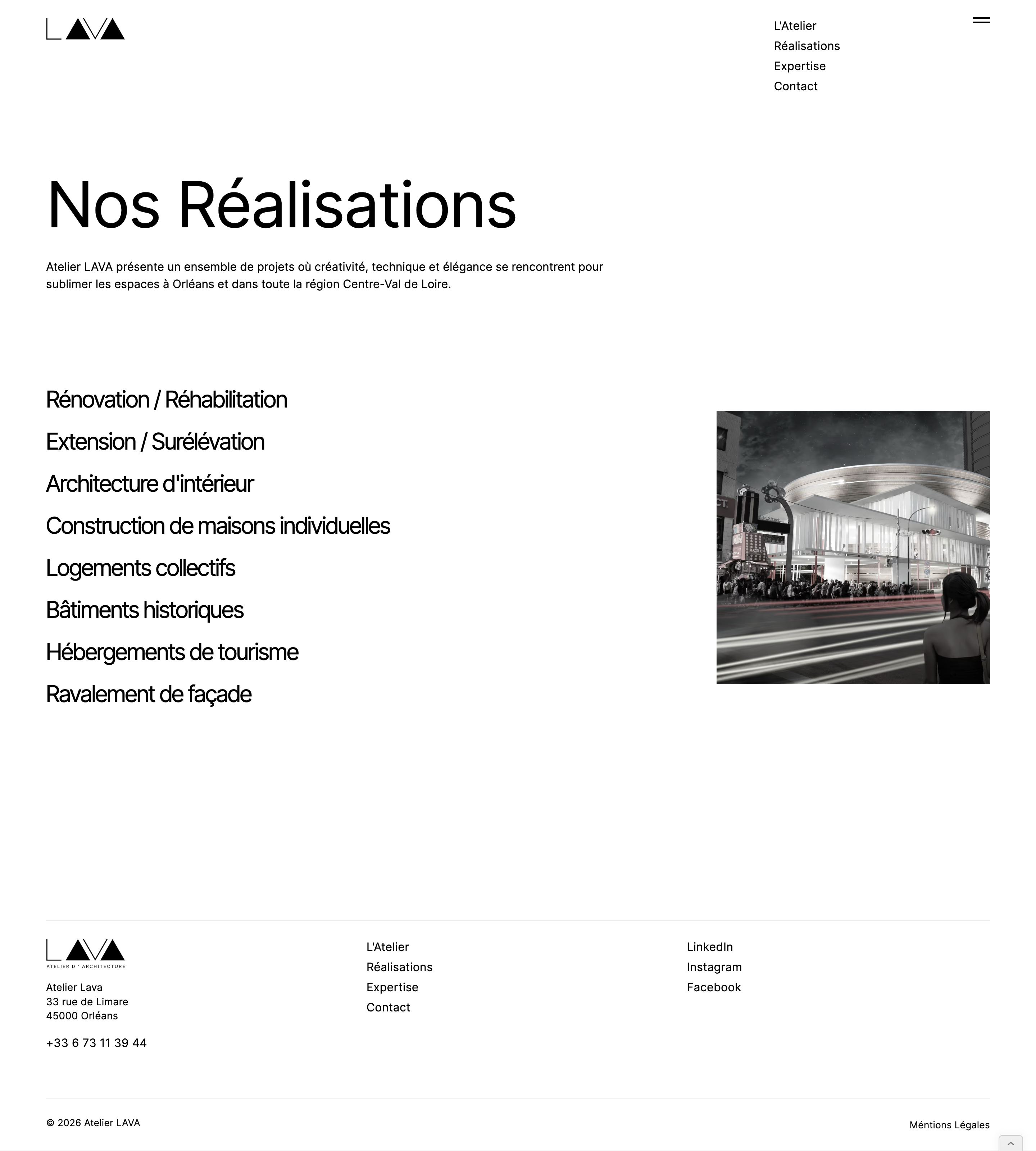 Page « Nos Réalisations » du site de l’Atelier Lava présentant les domaines d’intervention de l’agence d’architecture à Orléans et une sélection de projets.