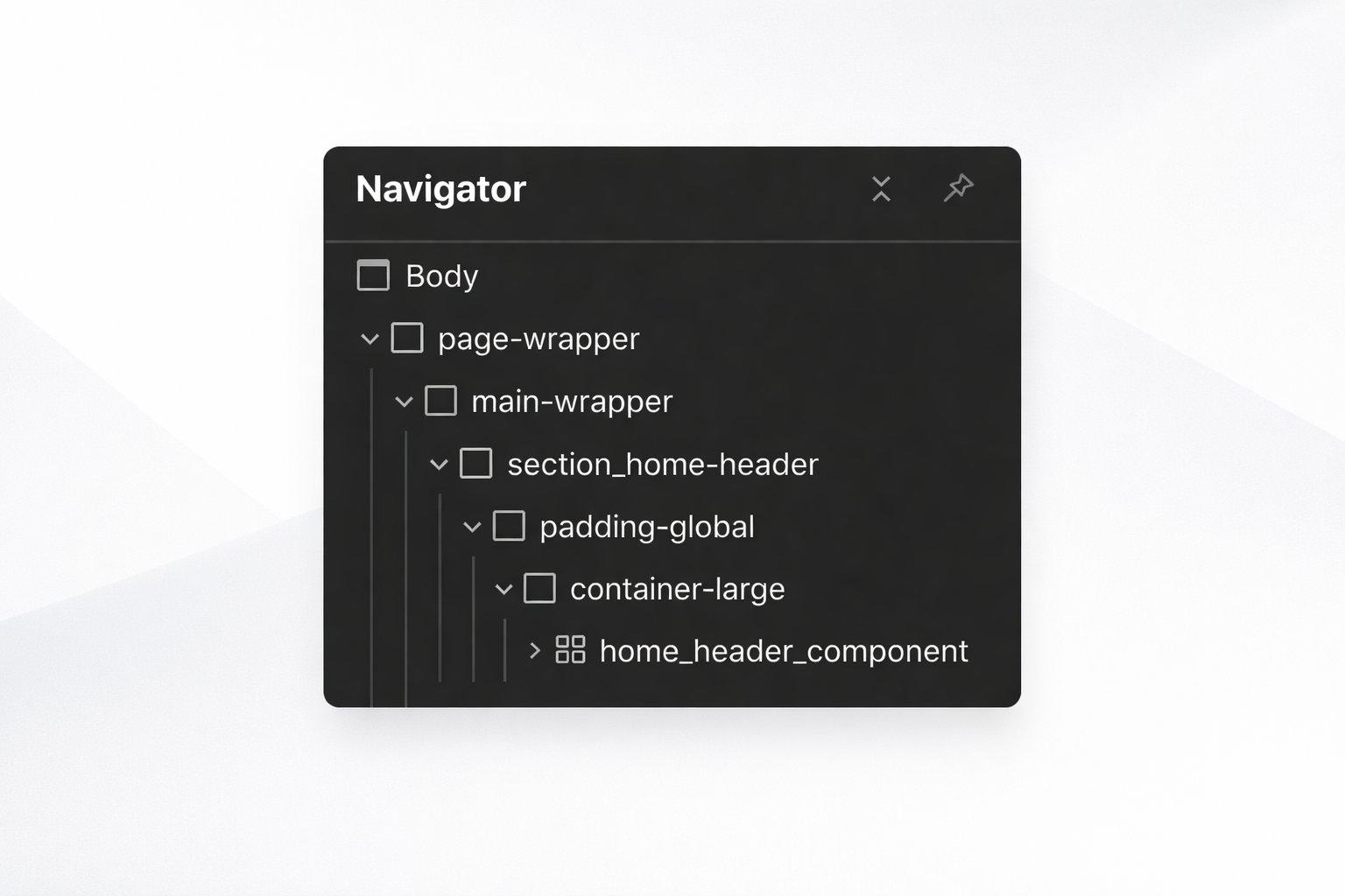 Client-First structure in Webflow showing organized sections and components in the Navigator, displayed on a minimal white and gray background.