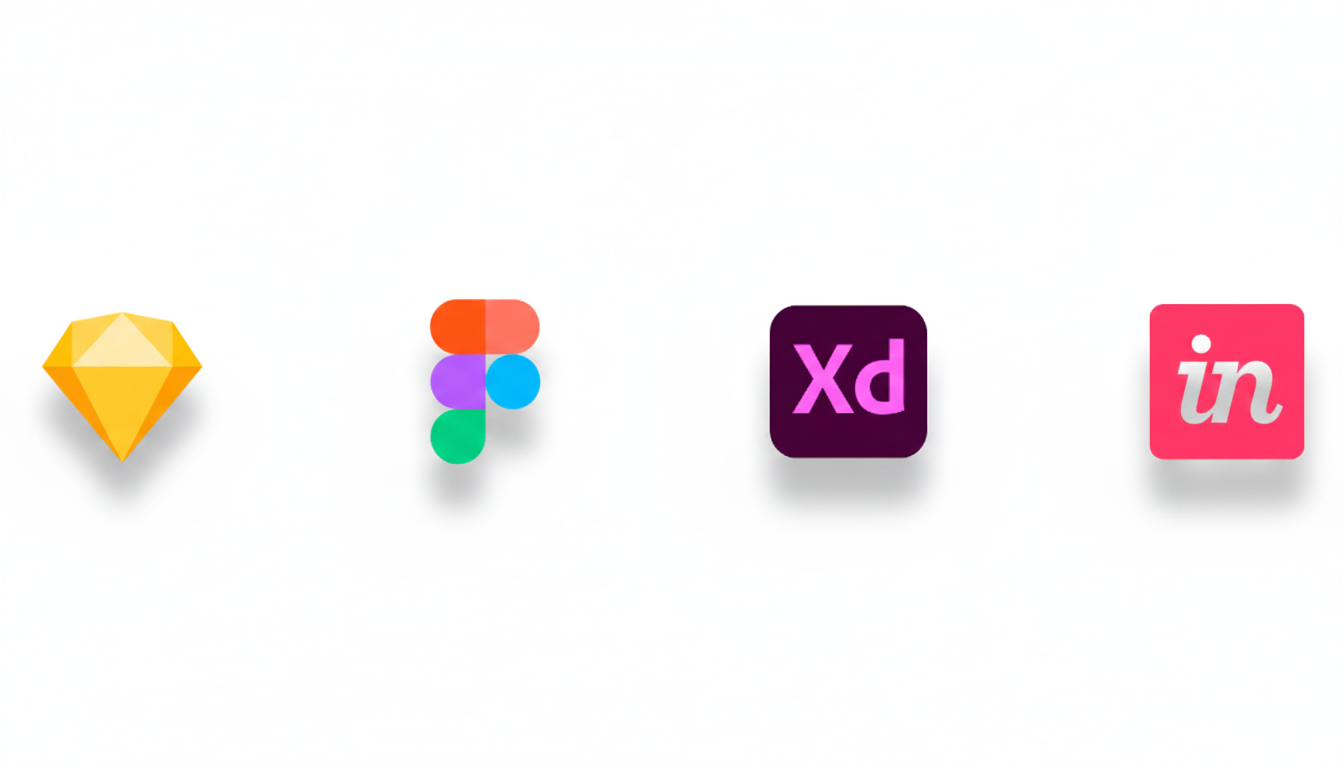 Icons of design tools Sketch, Figma, Adobe XD, and InVision displayed on a white background.