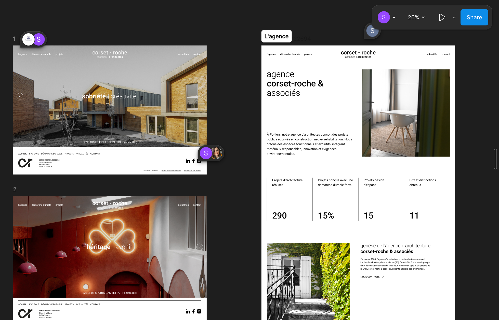 Maquettes Figma collaboratives du site web de l’agence d’architecture Corset-Roche & Associés, illustrant une refonte responsive, éditoriale et orientée architecture durable.