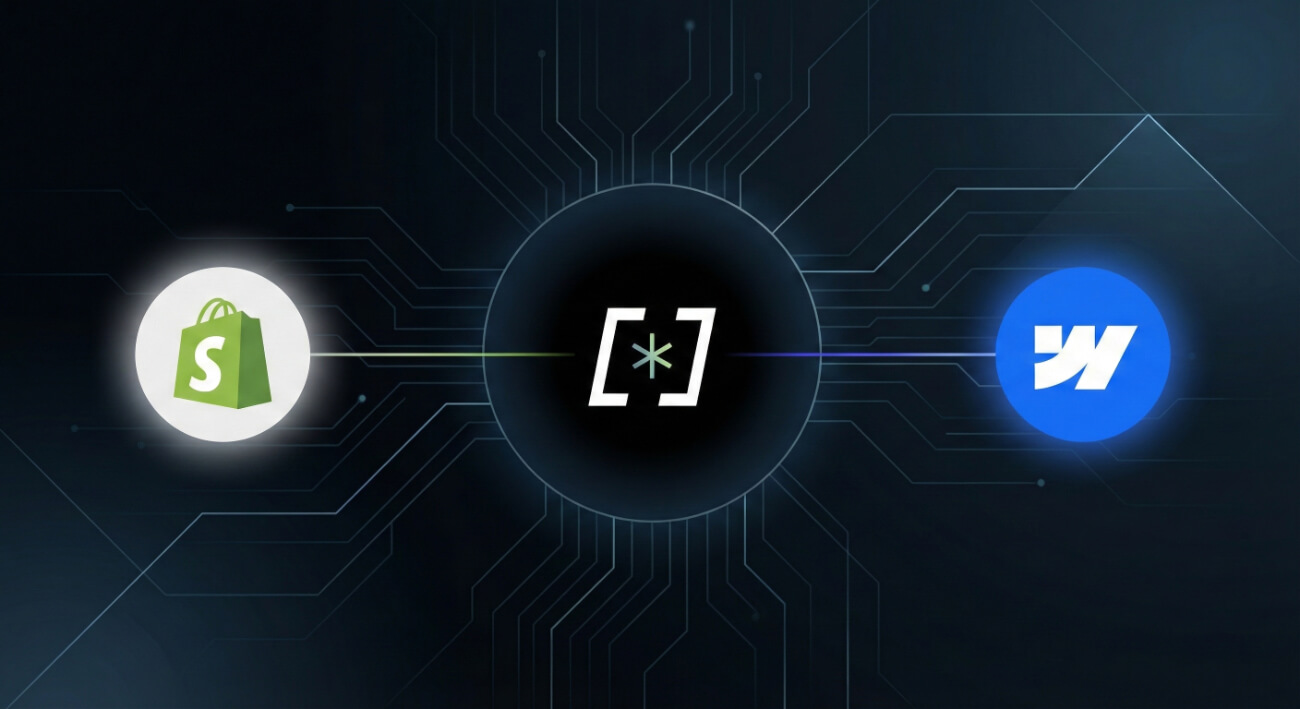 A dark, tech-minimalist thumbnail background featuring a central glowing node with an asterisk inside brackets [*]. This central icon connects the green Shopify logo on the left to a blue circular logo with a stylized 'YW' symbol on the right, illustrating a digital integration workflow against a backdrop of subtle circuit lines.