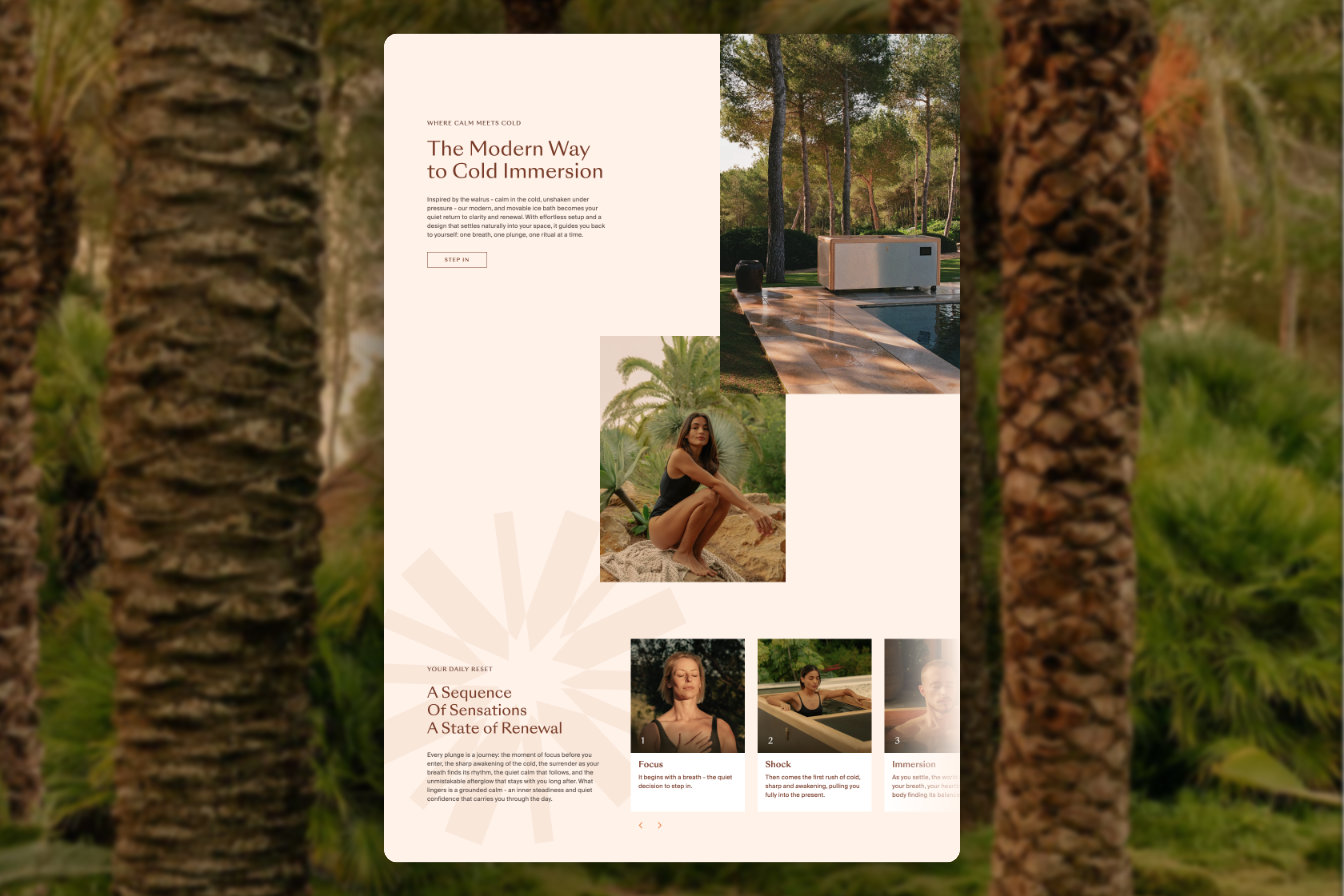 Walrus Wellness website mockup showing the editorial page “The Modern Way to Cold Immersion” with lifestyle imagery, over a palm-tree background.