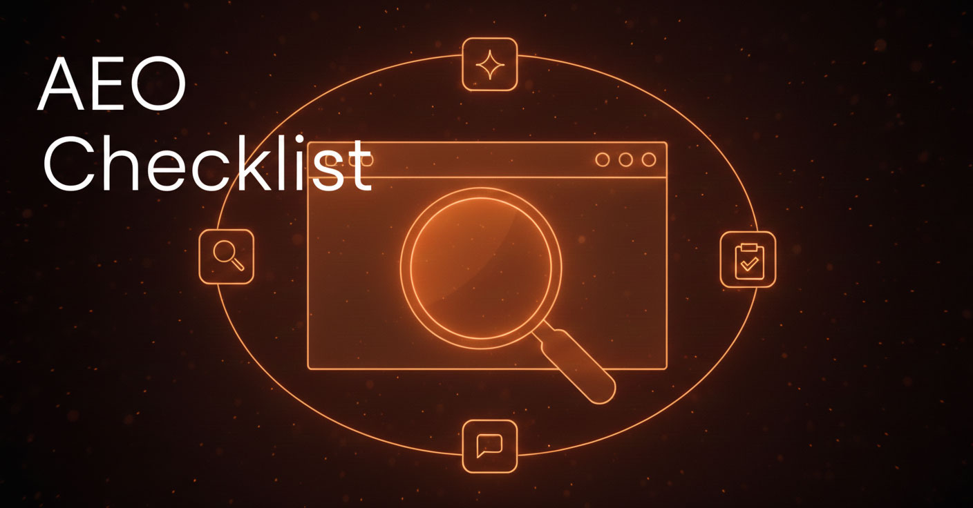 Miniature d'article de blog en mode sombre intitulée 'AEO Checklist'. Le design affiche des lignes fines orange néon sur un fond noir, avec une loupe centrale sur une fenêtre de navigateur stylisée, entourée d'icônes de recherche, de chat et de validation."