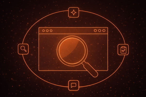 Miniature d'article de blog en mode sombre intitulée 'AEO Checklist'. Le design affiche des lignes fines orange néon sur un fond noir, avec une loupe centrale sur une fenêtre de navigateur stylisée, entourée d'icônes de recherche, de chat et de validation."