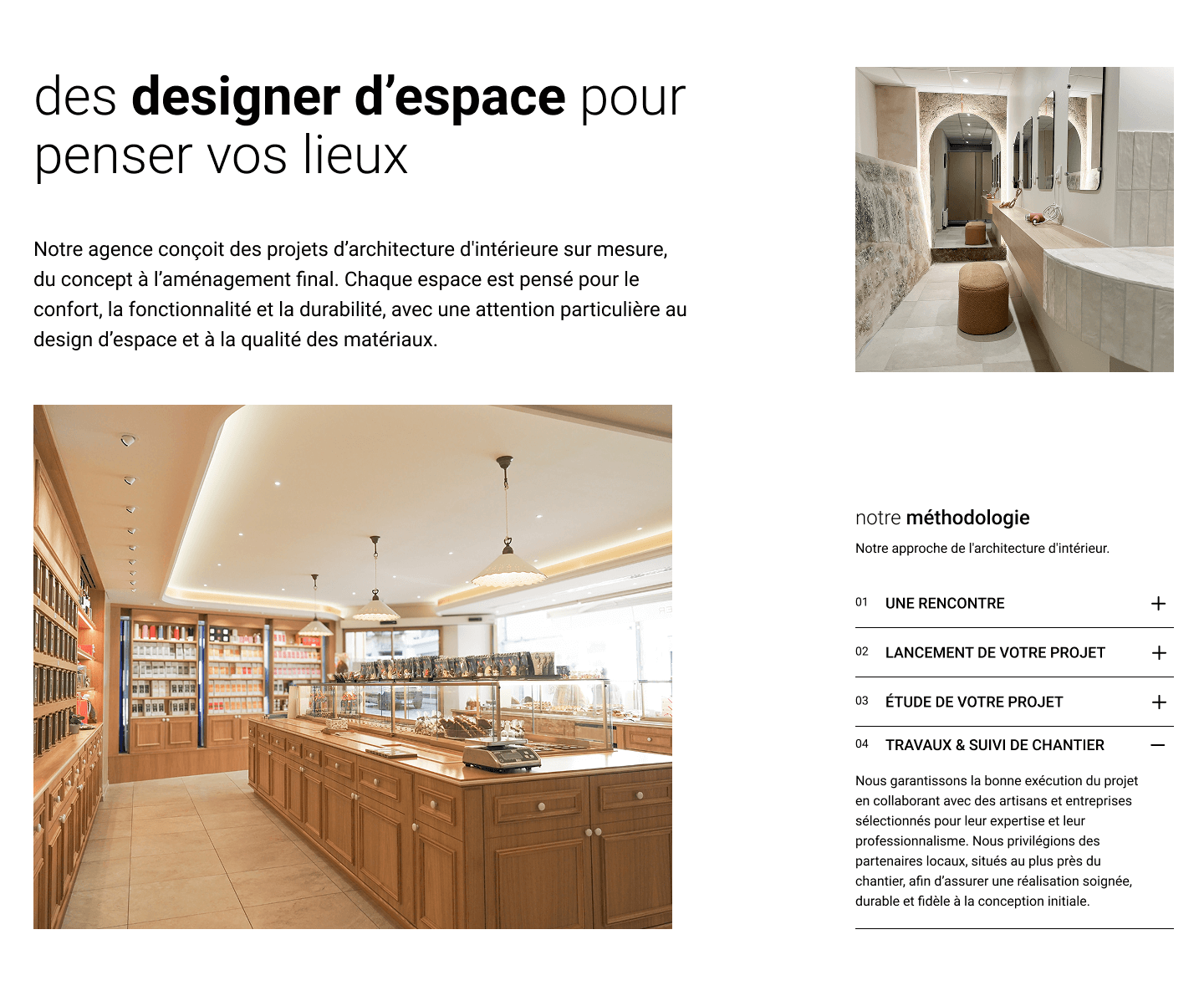 Page dédiée au design d’espace par Corset-Roche & Associés présentant des projets d’architecture intérieure et la méthodologie de l’agence.