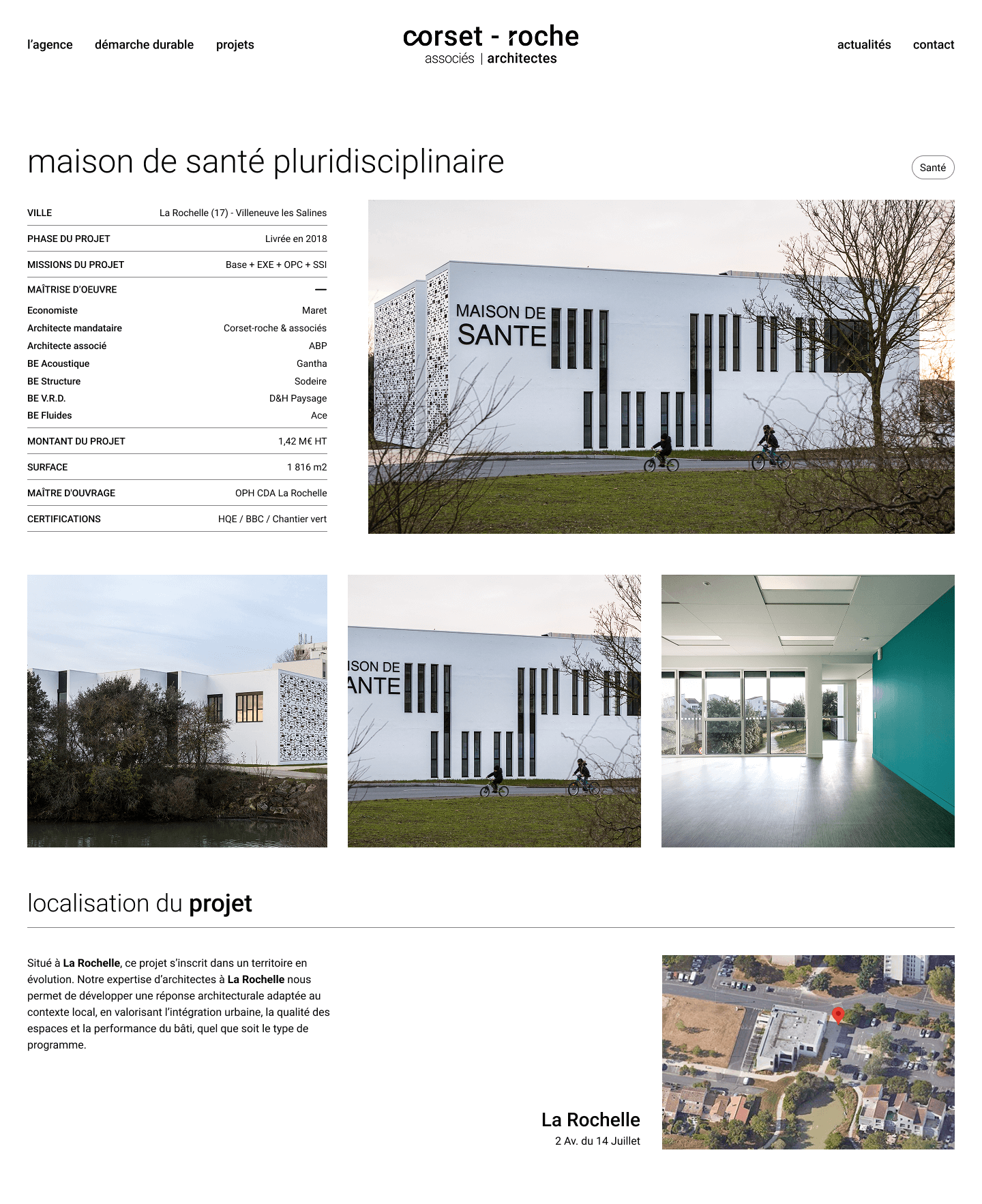 Maison de santé pluridisciplinaire à La Rochelle conçue par Corset-Roche & Associés, bâtiment contemporain blanc et vues des espaces intérieurs.