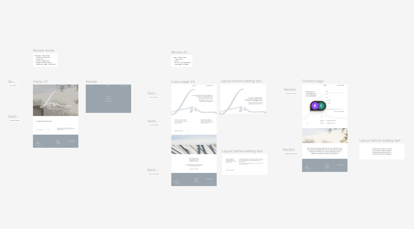 UX/UI design process in Figma pour le site Lusso, avec wireframes, layout et structure des pages pour un site d’estate management de luxe.