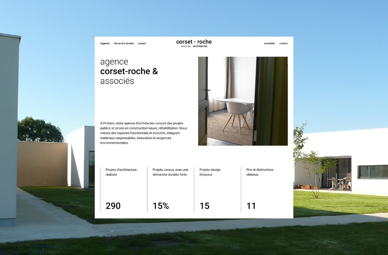 Page de présentation de l’agence d’architecture Corset-Roche & Associés avec description du studio, chiffres clés et photographie d’un espace intérieur.