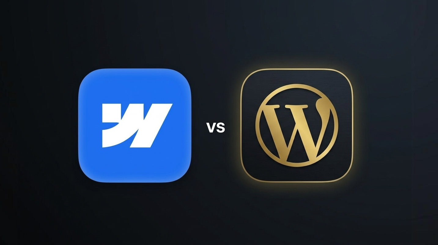 Minimalist comparison illustration on a starry night blue background. On the left, the stylized blue Webflow logo; in the center, the mention 'vs' in white text; on the right, the circular white WordPress logo. The whole thing evokes a technological duel between two platforms for creating websites.