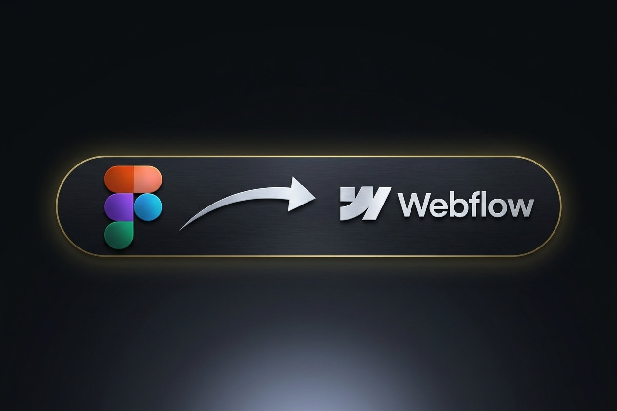 Illustration minimaliste montrant le passage d’une maquette Figma vers Webflow, symbolisé par une flèche entre les deux logos.