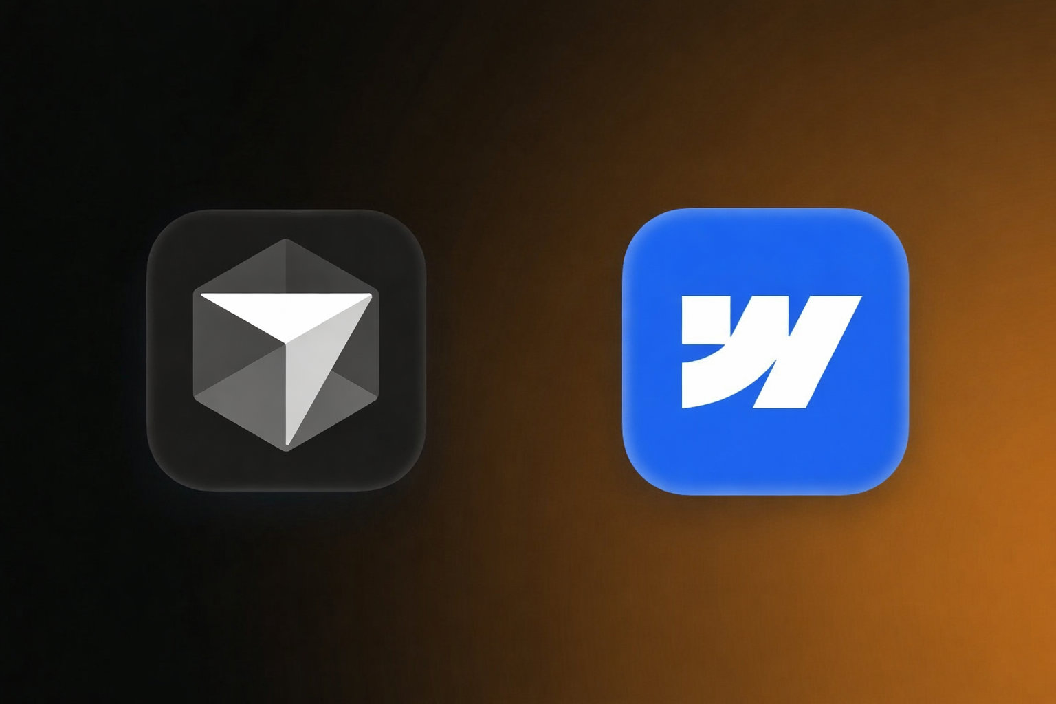 Application icons on a dark to orange gradient background: on the left the Cursor logo in a rounded black square, on the right the white Webflow logo in a rounded blue square.
