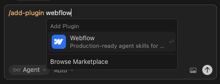 Cursor interface showing the /add-plugin webflow command used to install the Webflow plugin from the agents marketplace.